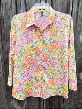 Ralph Lauren Floral Button-Up Blouse-Pink, Orange & Yellow 100% Cotton size XL